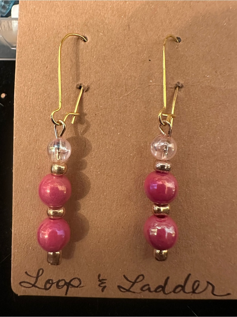Gold Hook Pink Beaded Drop Earrings